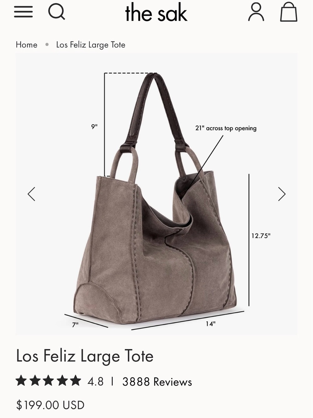 The Sak Los Feliz Slouchy Large Hobo Tote Bag in Mushroom Taupe Suede Leather - Picture 4 of 16
